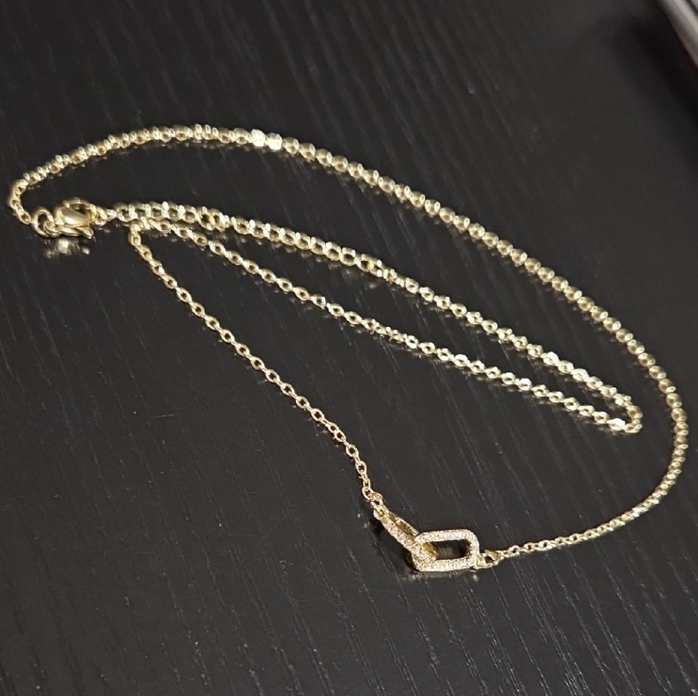 Stainless Steel Double Oval Ring with Stones Pendant Necklace